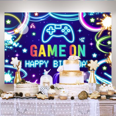 Lofaris 5x3ft Game on Background Boys Neon عيد ميلاد سعيد ألعاب الفيديو على مستوى خلفية الأطفال لوازم حفلة عيد ميلاد الأسود والأزرق لافتة العاصفة. in Kuwait