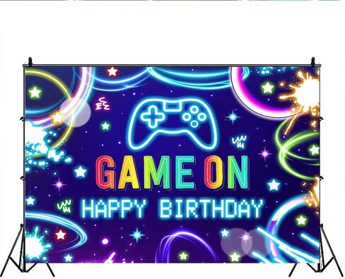 Lofaris 5x3ft Game on Background Boys Neon عيد ميلاد سعيد ألعاب الفيديو على مستوى خلفية الأطفال لوازم حفلة عيد ميلاد الأسود والأزرق لافتة العاصفة. in Kuwait