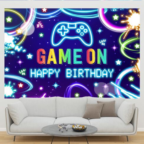 Lofaris 5x3ft Game on Background Boys Neon عيد ميلاد سعيد ألعاب الفيديو على مستوى خلفية الأطفال لوازم حفلة عيد ميلاد الأسود والأزرق لافتة العاصفة. in Kuwait