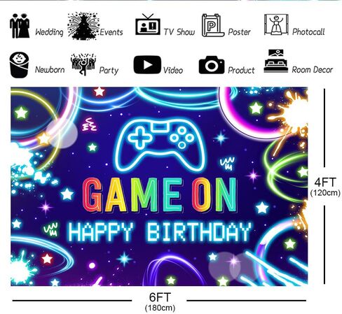 Lofaris 5x3ft Game on Background Boys Neon عيد ميلاد سعيد ألعاب الفيديو على مستوى خلفية الأطفال لوازم حفلة عيد ميلاد الأسود والأزرق لافتة العاصفة. in Kuwait