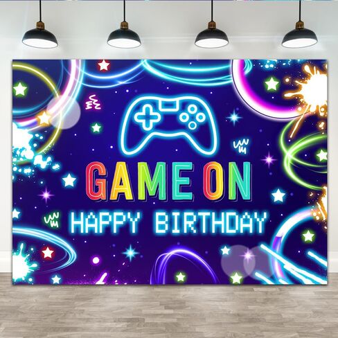 Lofaris 5x3ft Game on Background Boys Neon عيد ميلاد سعيد ألعاب الفيديو على مستوى خلفية الأطفال لوازم حفلة عيد ميلاد الأسود والأزرق لافتة العاصفة. in Kuwait