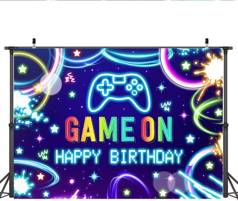Lofaris 5x3ft Game on Background Boys Neon عيد ميلاد سعيد ألعاب الفيديو على مستوى خلفية الأطفال لوازم حفلة عيد ميلاد الأسود والأزرق لافتة العاصفة. in Kuwait