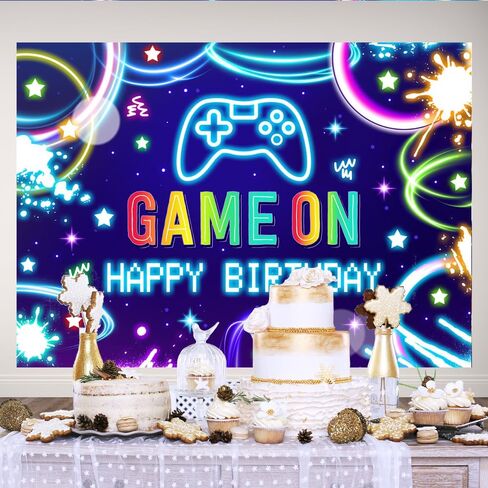 Lofaris 5x3ft Game on Background Boys Neon عيد ميلاد سعيد ألعاب الفيديو على مستوى خلفية الأطفال لوازم حفلة عيد ميلاد الأسود والأزرق لافتة العاصفة. in Kuwait
