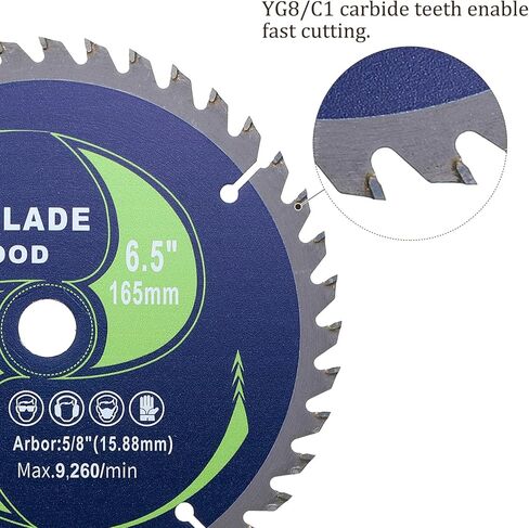 شفرة المنشار الدائرية - [6-1/2 بوصة × 60 أسنان × 5/8 بوصة الشجرة] كربيد تنغستن مائل المترو شفرات المنشار مع 5/8 بوصة إلى 1/2 بوصة 3/8 بوصة محولات الغسالة | أخضر in Kuwait