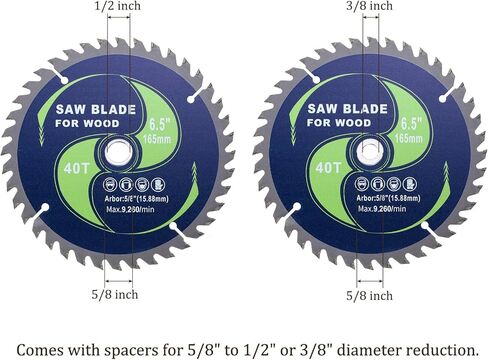 شفرة المنشار الدائرية - [6-1/2 بوصة × 60 أسنان × 5/8 بوصة الشجرة] كربيد تنغستن مائل المترو شفرات المنشار مع 5/8 بوصة إلى 1/2 بوصة 3/8 بوصة محولات الغسالة | أخضر in Kuwait