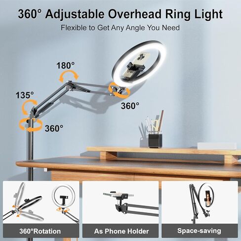 Upgrade Ring Light Overhead Phone Mount, Evershop Selfie Ring Light with Stand and Phone Holder,10"Circle LED Desk Ring Light with Clamp for Video Recording,Zoom Meeting,Live Streaming Tiktok,YouTube in Kuwait