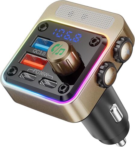Nulaxy 54W Bluetooth 5.3 Car Adapter with 4 Charging Ports [PD 36W & QC3.0 18W], Wireless Radio FM Transmitter with Deep Bass Player & 5 Colors LED Backlit, Hands-Free Calling - Pink in Kuwait