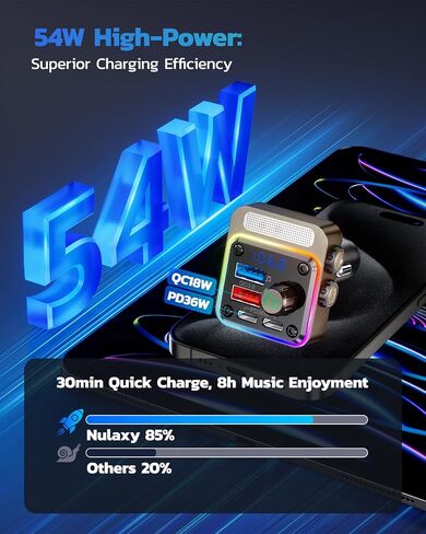 Nulaxy 54W Bluetooth 5.3 Car Adapter with 4 Charging Ports [PD 36W & QC3.0 18W], Wireless Radio FM Transmitter with Deep Bass Player & 5 Colors LED Backlit, Hands-Free Calling - Pink in Kuwait