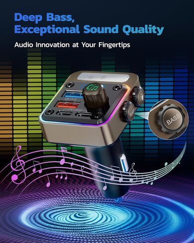 Nulaxy 54W Bluetooth 5.3 Car Adapter with 4 Charging Ports [PD 36W & QC3.0 18W], Wireless Radio FM Transmitter with Deep Bass Player & 5 Colors LED Backlit, Hands-Free Calling - Pink in Kuwait