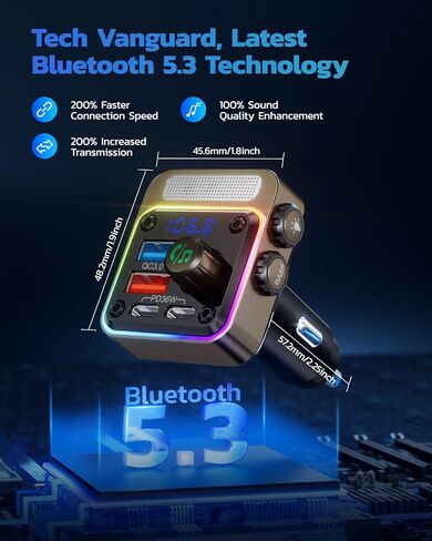 Nulaxy 54W Bluetooth 5.3 Car Adapter with 4 Charging Ports [PD 36W & QC3.0 18W], Wireless Radio FM Transmitter with Deep Bass Player & 5 Colors LED Backlit, Hands-Free Calling - Pink in Kuwait