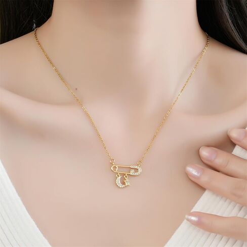 Safety Pin Necklace for Women Gold Crystal Heart Pendant Necklace Cross Cubic Zirconia Necklace Paper Clip Necklace Pink Gemstone Necklace Fashion Jewelry in Kuwait
