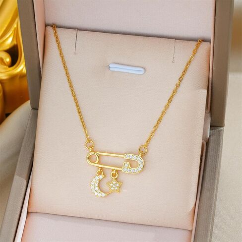 Safety Pin Necklace for Women Gold Crystal Heart Pendant Necklace Cross Cubic Zirconia Necklace Paper Clip Necklace Pink Gemstone Necklace Fashion Jewelry in Kuwait