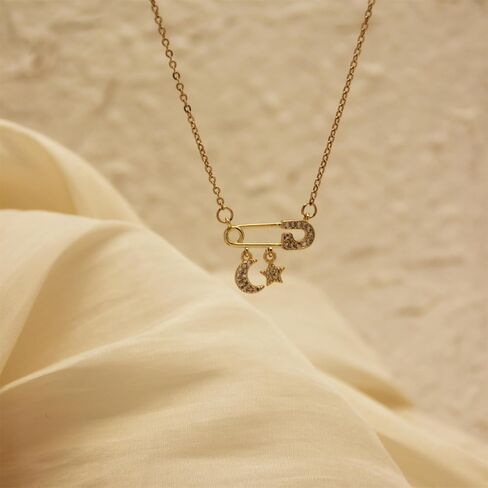 Safety Pin Necklace for Women Gold Crystal Heart Pendant Necklace Cross Cubic Zirconia Necklace Paper Clip Necklace Pink Gemstone Necklace Fashion Jewelry in Kuwait