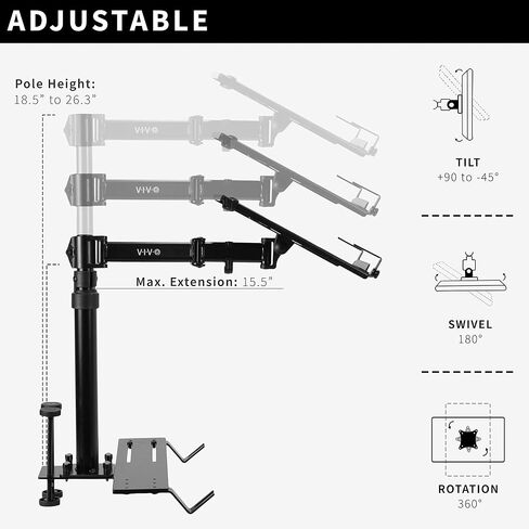 Vivo Single Captop Notebook Mount Stand ، امتداد قابل للتعديل بالكامل مع C-Clamp ، يناسب أجهزة الكمبيوتر المحمولة حتى 17 بوصة ، أسود ، Stand-V001L in Kuwait