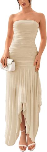 Floerns Tube Tops Dress for Women Asymmetrical Stretch Sexy Ruched Long Bodycon Cocktail Evening Wedding Guest Dress in Kuwait