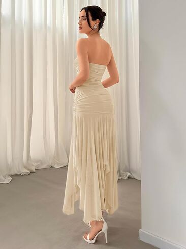 Floerns Tube Tops Dress for Women Asymmetrical Stretch Sexy Ruched Long Bodycon Cocktail Evening Wedding Guest Dress in Kuwait