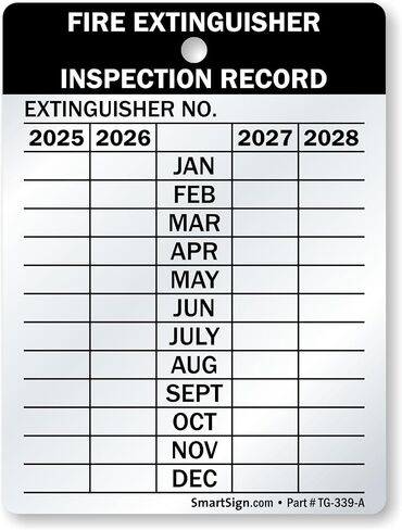 SmartSign Fire Extinguisher Labels, Inspection Labels, Record 4-Year Maintenance Labels, 3 x 2.25 Inches, 2 mil Debossable Aluminum, Pack of 10, Made in USA in Saudi Arabia