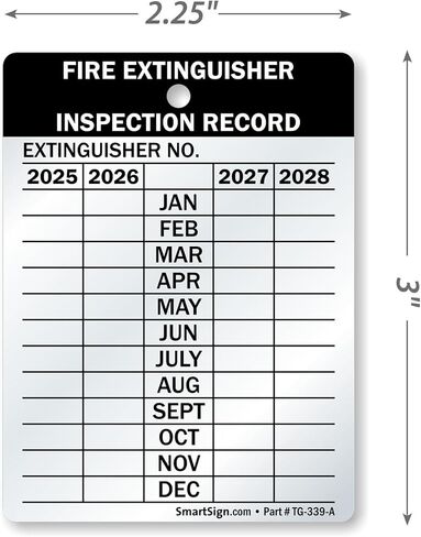 SmartSign Fire Extinguisher Labels, Inspection Labels, Record 4-Year Maintenance Labels, 3 x 2.25 Inches, 2 mil Debossable Aluminum, Pack of 10, Made in USA in Saudi Arabia