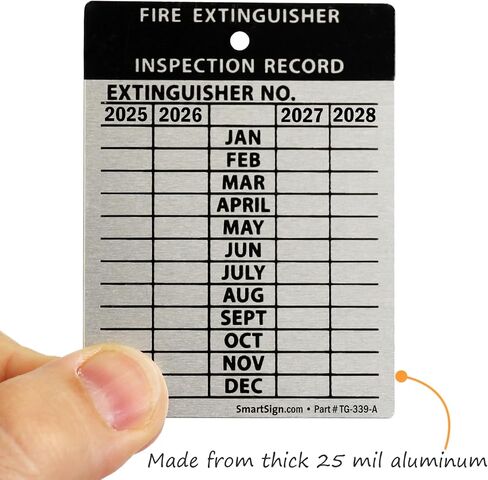 SmartSign Fire Extinguisher Labels, Inspection Labels, Record 4-Year Maintenance Labels, 3 x 2.25 Inches, 2 mil Debossable Aluminum, Pack of 10, Made in USA in Saudi Arabia
