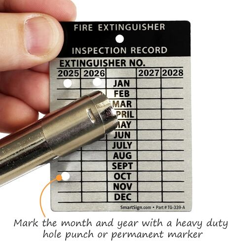 SmartSign Fire Extinguisher Labels, Inspection Labels, Record 4-Year Maintenance Labels, 3 x 2.25 Inches, 2 mil Debossable Aluminum, Pack of 10, Made in USA in Saudi Arabia