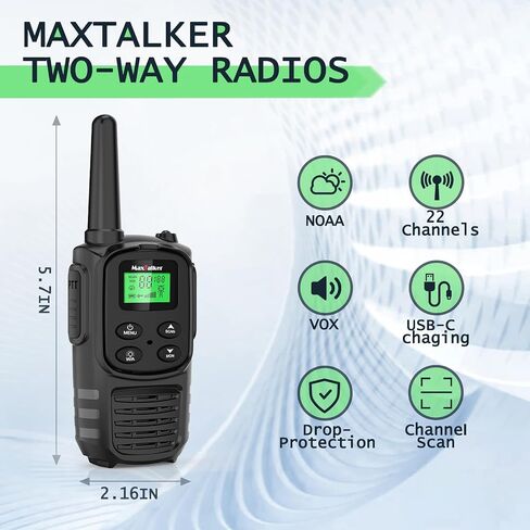 Walkie Talkies Long Range for Adult, MT10 Rechargeable Walkie Talkies FRS Two Way Radio, NOAA, 1200mAh Li-ion Battery USB-C Cable, LED Flashlight, VOX Walkie Talkie for Hiking Camping 2Pack in Kuwait