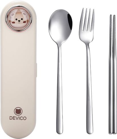 DEVICO Travel Utensils with Case Cute, Reusable Silverware for Lunch, Portable Cutlery Set, 18/8 Stainless Steel Fork Spoon Chopsticks in Cartoon Case, Dishwasher Safe (Light Yellow) in Saudi Arabia