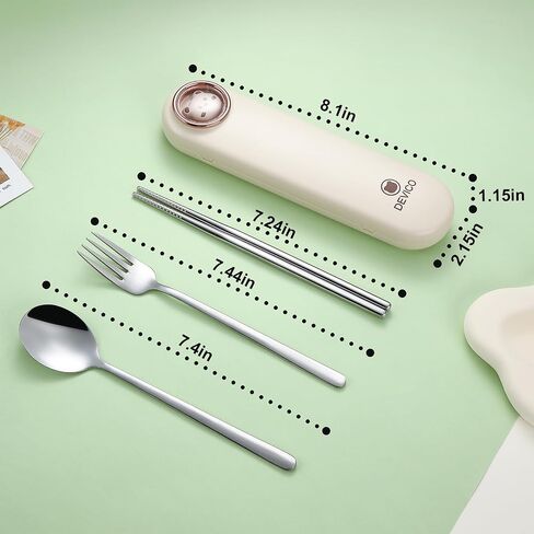 DEVICO Travel Utensils with Case Cute, Reusable Silverware for Lunch, Portable Cutlery Set, 18/8 Stainless Steel Fork Spoon Chopsticks in Cartoon Case, Dishwasher Safe (Light Yellow) in Saudi Arabia