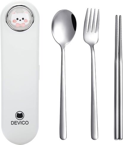 DEVICO Travel Utensils with Case Cute, Reusable Silverware for Lunch, Portable Cutlery Set, 18/8 Stainless Steel Fork Spoon Chopsticks in Cartoon Case, Dishwasher Safe (Light Yellow) in Saudi Arabia