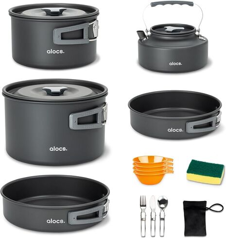 Alocs 17pcs Camping Cookware Camp Kitchen Set with Kettle, Aluminum Camping Cooking Set Backpacking Gear for Hiking,Traveling,Climbing and Picnic in Kuwait