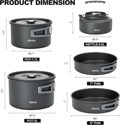 Alocs 17pcs Camping Cookware Camp Kitchen Set with Kettle, Aluminum Camping Cooking Set Backpacking Gear for Hiking,Traveling,Climbing and Picnic in Kuwait