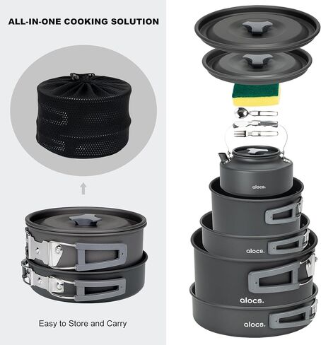 Alocs 17pcs Camping Cookware Camp Kitchen Set with Kettle, Aluminum Camping Cooking Set Backpacking Gear for Hiking,Traveling,Climbing and Picnic in Kuwait