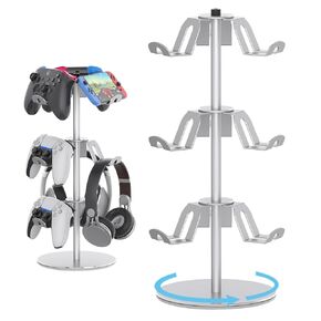 Controller Stand Compatible with Xbox PS5 PS4 Nintendo Switch, 3 Tiers Aluminum Gaming Headset Stand, Rotatable Headphone Controller Holder Organizer Rack, Universal & Large Capacity (Silver)