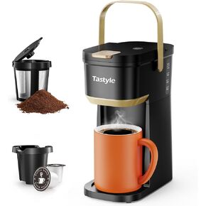 Single Serve One Cup Coffee Maker, for K Cups and Grounds, Mini Coffee Maker with Portable Handle, 6 to 12 Oz Brew Size, for Travel, Camping, Office, RV and Dorm, White and Brown