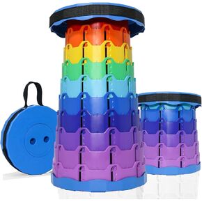 Upgrade Collapsible Stool, Thickened Foldable Stool, Portable Folding Seat, Adjustable Height Retractable Stool for Fishing, Hiking, Camping, BBQ, Parties, Outdoor Activities, Rainbow Blue