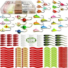 Ice Fishing Jigs Ice Fishing Lures Ice Fishing Soft Plastic Worm Baits Kit, Glow Winter Ice Jig Heads Hooks for Walleye Crappie Panfish Trout, Ice Fishing Gear Equipment Tackle Accessories