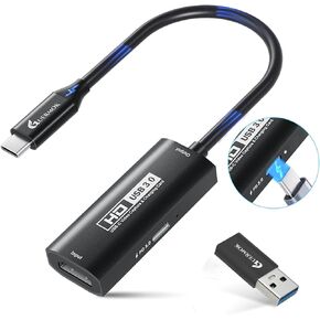 Guermok USB 3.0 Video Capture Card with PD 100W Fast Charge 1080P 60FPS HDMI to USB-A/C Capture Card with Type C Adapter, Capture Devices for MacOS/Switch/PS4/PS5, Live Gaming Streaming-Black