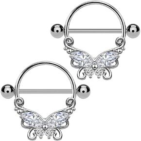 2PCS 14G 316L Stainless Steel Clear CZ Nipple Rings Barbell Butterfly Nipple Piercings Jewelry for Women