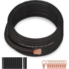 8 Gauge Wire (50FT Black) SGANGCAR True Spec Power Ground Wire Cable with 10 Lugs, 10 Heat Shrink Wrap,Copper Clad Aluminum CCA,for Power/Auto,Amplifier,Car Audio Speaker,Ground Cable