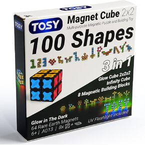 TOSY Magnet Cube 2x2 - 64 Magnets, 8 Building Blocks, 2 in 1 Toy: 2x2x2 Puzzle Cube and Customizable Infinity Cube, Glowing, UV Flashlight Accessory, Fidget/Sensory/STEAM Toy, Easter Birthday Gift