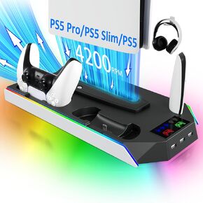 PS5 Charging Station, PS5 Slim Stand and Cooling Station for PS5 Slim&Standard Disc/Digital Console and PS5 Pro,Incl. Charger/Turbo Fan/USB Hub/Headset Holder/RGB Light