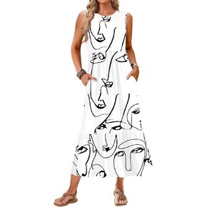AUSELILY Womens Summer Dresses 2024 Sleeveless Maxi Dress Crewneck Casual Flowy Tiered Sundresses with Pockets