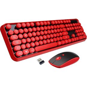 Wireless Keyboard Mouse Combo, 104 Round Keys Cute Colorful Keyboard with Retro Typewriter Style, Letton Full Size Keyboard with Number Pad&Mouse with 3 DPI for PC Mac Laptop Computer Windows-Black