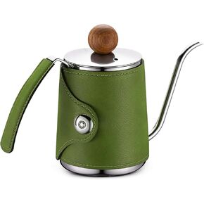 Art Pour-Over Coffee Kettle – 12OZ, Premium Magnetic Leather Sleeve, 304 Stainless Steel Gooseneck Kettle, Precision Brewing Design, Meadow Green