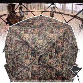 Extra Large Hunting Blind 4 Person with Portable Hunting Chair, 288/360 Degree See Through Pop up Ground Blinds for Deer Turkey Duck Hunting, Bow Hunting Adjust Windows with Silent Zipper
