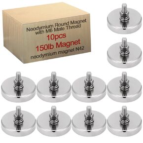 Therwen 10 Pcs 150 lb Powerful Neodymium Round Magnets Neodymium Magnet with M6 Male Threaded Stud, Heavy Duty Magnets with Nut and Washer for Lighting, Camera, Brackets Other Equipment