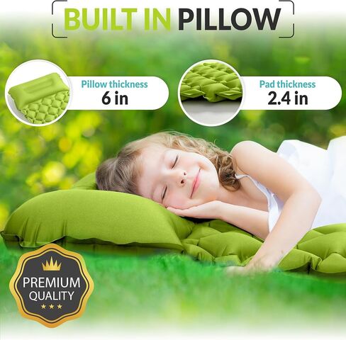 Kids Sleeping Pad for Camping and Sleepovers with Pillow, Inflatable Camping Mattress for Backpacking & Travel, Thick Toddler Cot Mat, Fast Inflating Camping Sleeping Pads for Kids in Kuwait