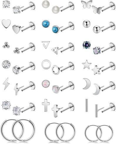 REVOLIA 21Pairs 20G Threadless Cartilage Earrings Set Surgical Steel Push in Earrings for Women Men Hypoallergenic Flat Back Earrings Huggie Hoop Earrings Heart Star Pearl Stud Earrings for Multiple Piercing 6/8mm in Saudi Arabia