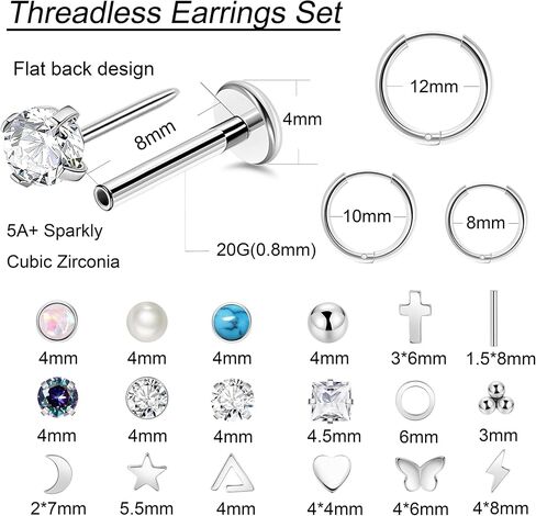 REVOLIA 21Pairs 20G Threadless Cartilage Earrings Set Surgical Steel Push in Earrings for Women Men Hypoallergenic Flat Back Earrings Huggie Hoop Earrings Heart Star Pearl Stud Earrings for Multiple Piercing 6/8mm in Saudi Arabia