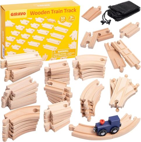 Wooden Train Track Set 53pcs Wood Train Tracks Accessories Expansion Pack fits Melissa and Doug, fits Brio, fits Thomas, Montessori Toys, Christmas Birthday Gift for Boys Girls Toddler Kids in Saudi Arabia