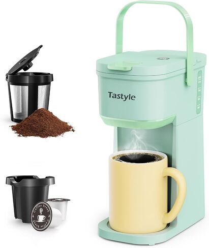 Single Serve One Cup Coffee Maker, for K Cups and Grounds, Mini Coffee Maker with Portable Handle, 6 to 12 Oz Brew Size, for Travel, Camping, Office, RV and Dorm, White and Brown in Kuwait